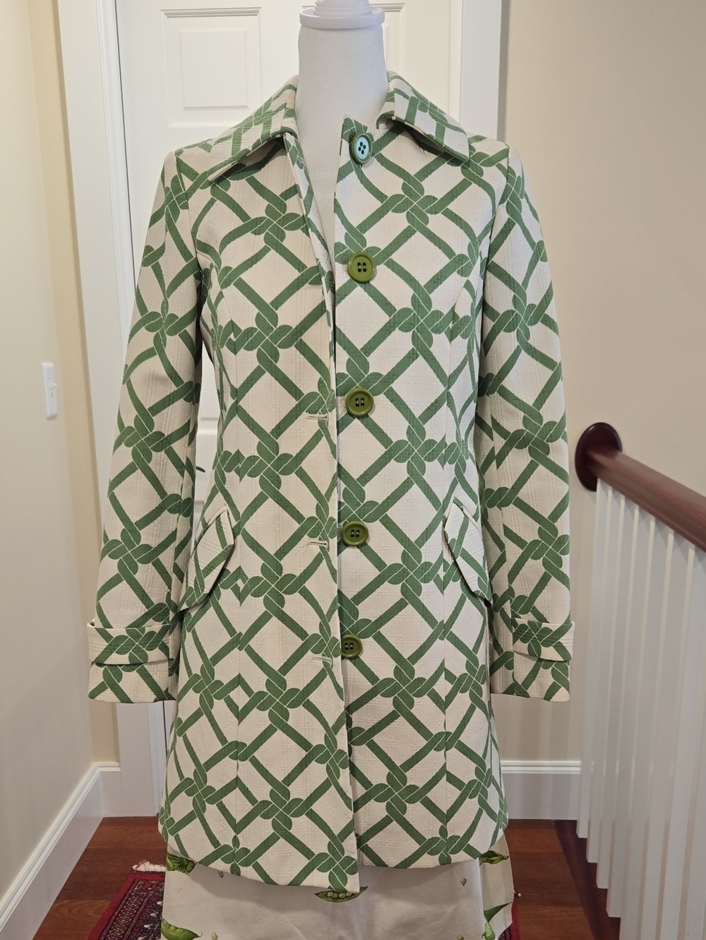 Milly Cream Coat with Green Geometric Pattern